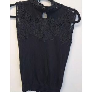 Adiva Black Sleeveless Lace High Neck Top, Large Key Hole Back Button Knit Body